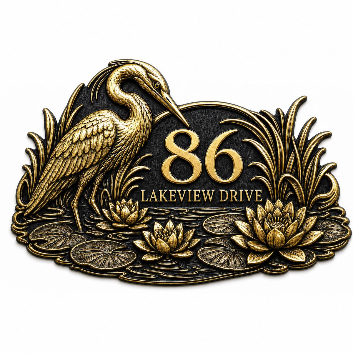 Heron and Waterlilies plaque in antique brass, isolated view showing the outline and wording areas