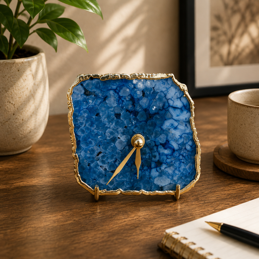 Blue agate desk clock with electroformed metal edge, India | The Tangerine Store