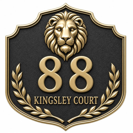 Lion Crest Shield plaque, front with raised number and one name line beneath a lion head