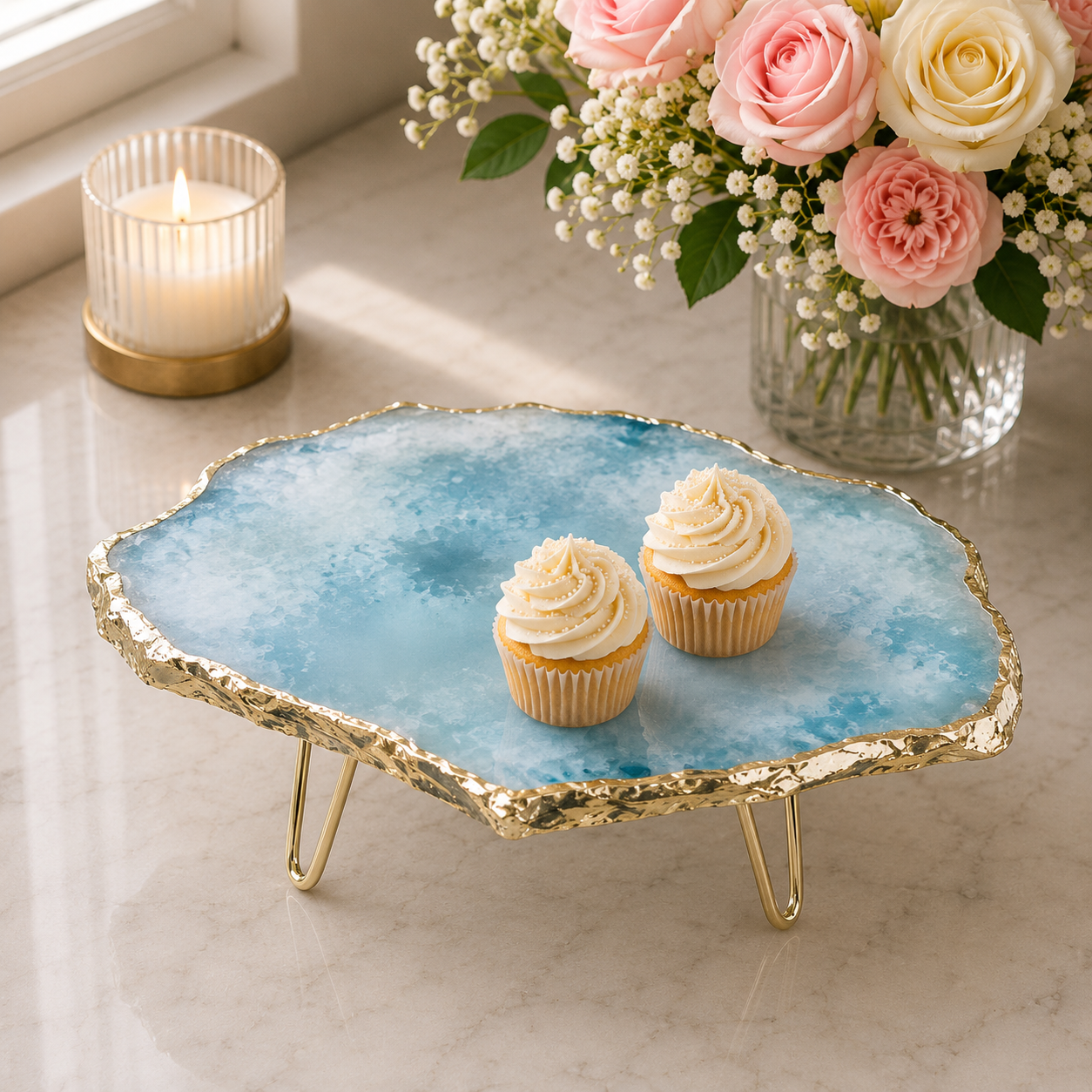 Blue Agate Cake Stand — finish options, gold, silver, rose gold