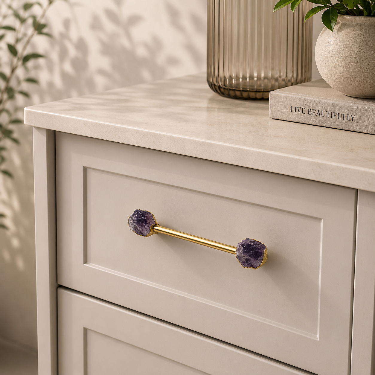 Amethyst Crystal Cabinet Handle - Set of 4 (Brass Plated)