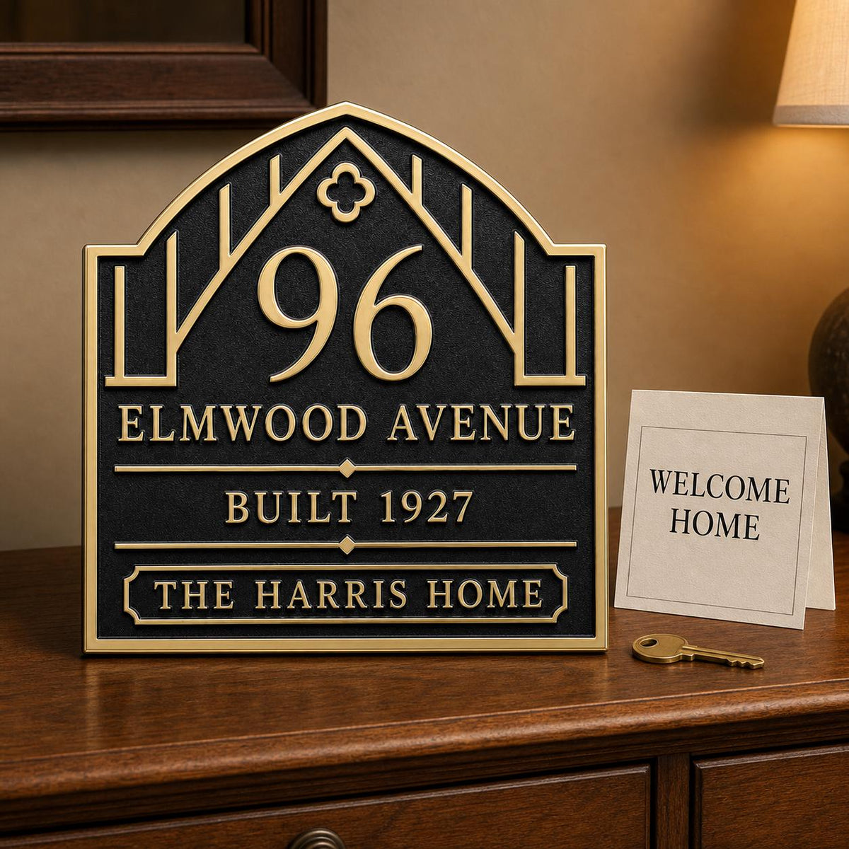 Craftsman Arch plaque, pictured on a wooden tabletop with its number and three wording lines