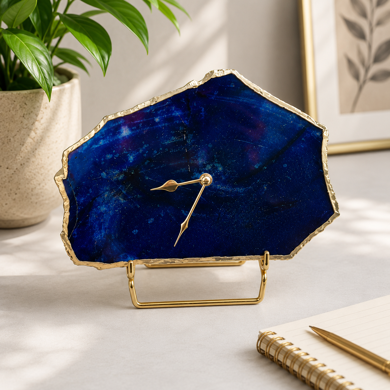Large indigo agate desk clock with metal edge, India | The Tangerine Store