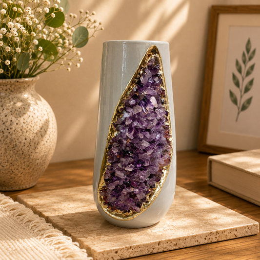 Grey Ceramic Long Teardrop Vase with Crystal Inlay