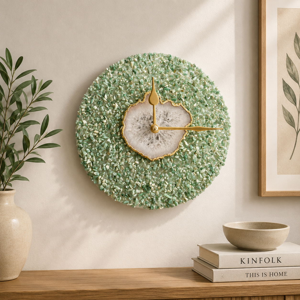 Light green crystal agate wall clock 10-inch, India | The Tangerine Store