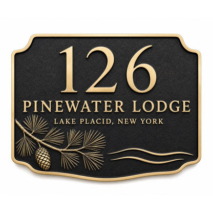 Pine Bough and Cone name plate with raised number and two wording lines