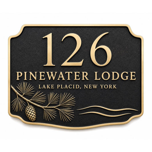 Pine Bough and Cone name plate with raised number and two wording lines