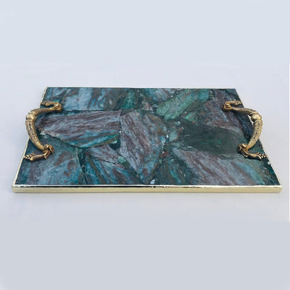 Green Aventurine Rectangular Tray with Royal Arch brass handles – fibrous green stone, angled view, India
