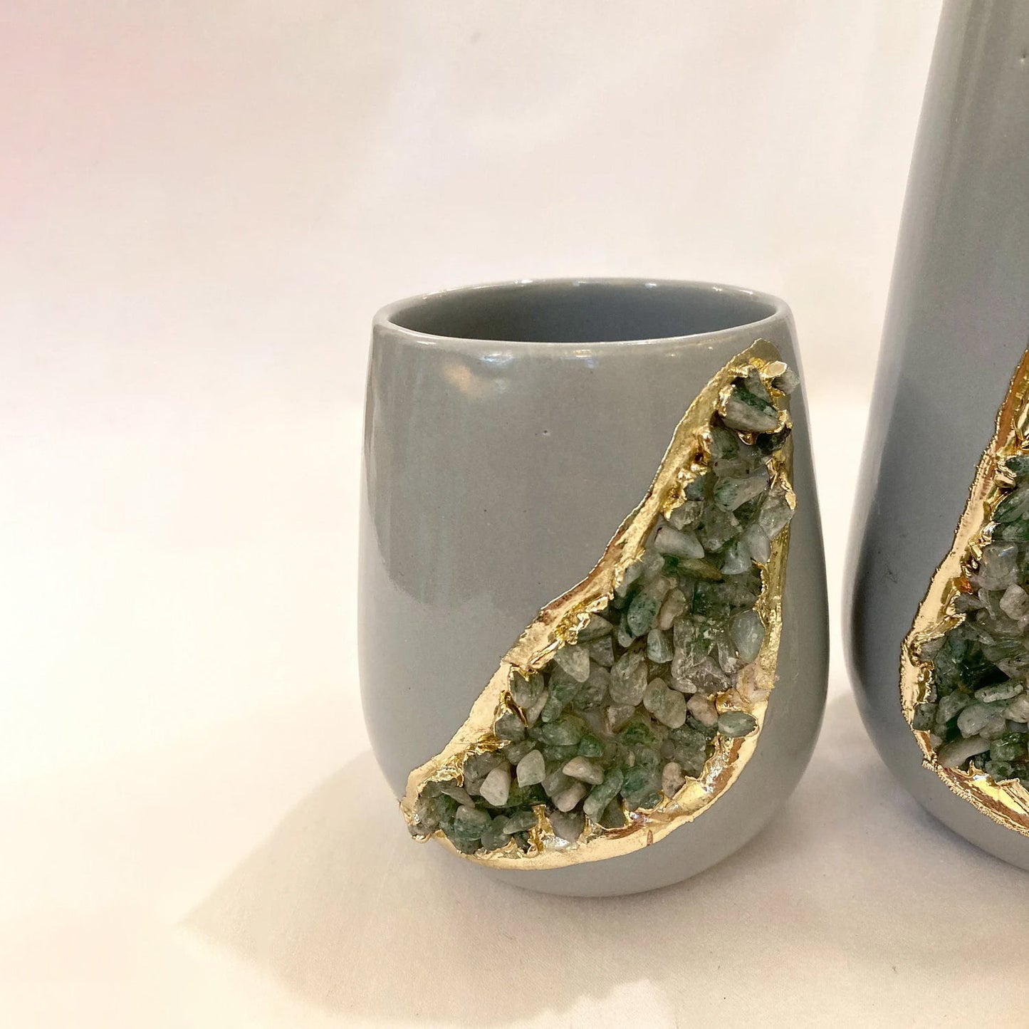 Grey and Gold Ceramic Vase/Planter/Pot/Wine Goblet/Mug with Light Green Semi-precious Agate Crystal Gemstones