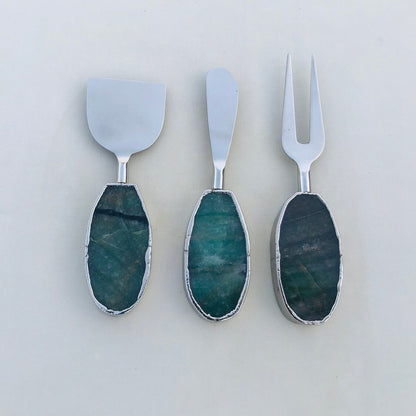 Set of 3 Green Agate Cheese Knives/Spreaders