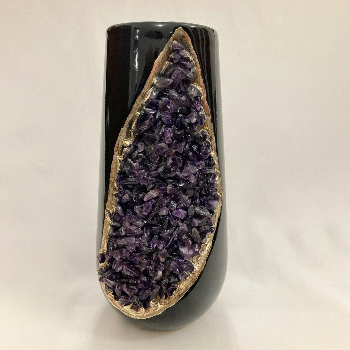 Black and Gold Ceramic Vase/Planter/Pot/Wine Goblet/Mug with Amethyst Semi-precious Agate Crystal Gemstones
