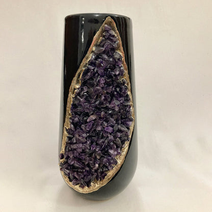 Black and Gold Ceramic Vase/Planter/Pot/Wine Goblet/Mug with Amethyst Semi-precious Agate Crystal Gemstones