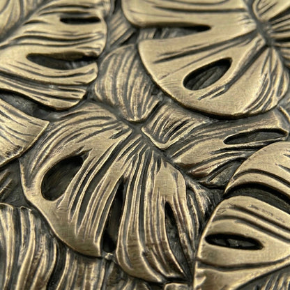 Set of 4 Tropical Leaf Brass Wall Tiles | Antique Brass Decorative Wall Panels | Handmade Wall Décor