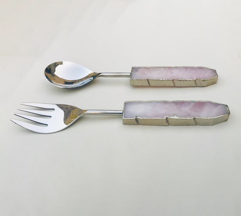 Rose Quartz Salad Server – Gold Finish – Set of 2