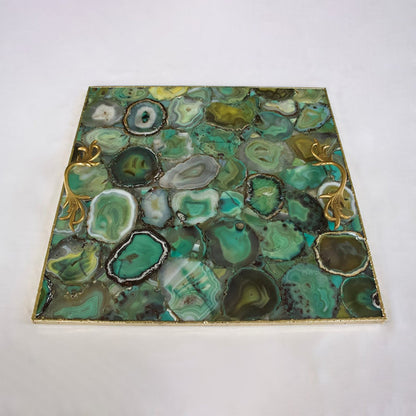 Light Green Agate Serving Tray With Brass Handles | Square
