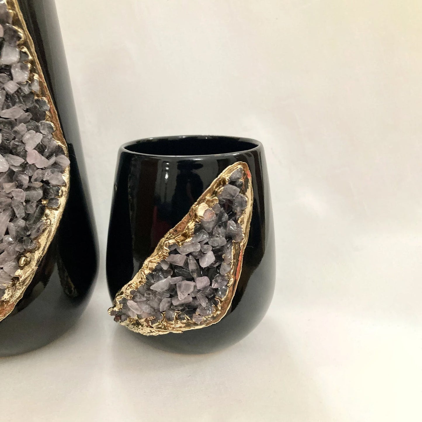 Black and Gold Ceramic Vase/Planter/Pot/Wine Goblet/Mug with Rose Quartz Semi-precious Agate Crystal Gemstones