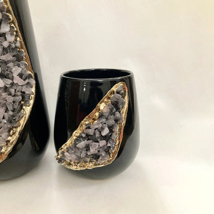 Black and Gold Ceramic Vase/Planter/Pot/Wine Goblet/Mug with Rose Quartz Semi-precious Agate Crystal Gemstones