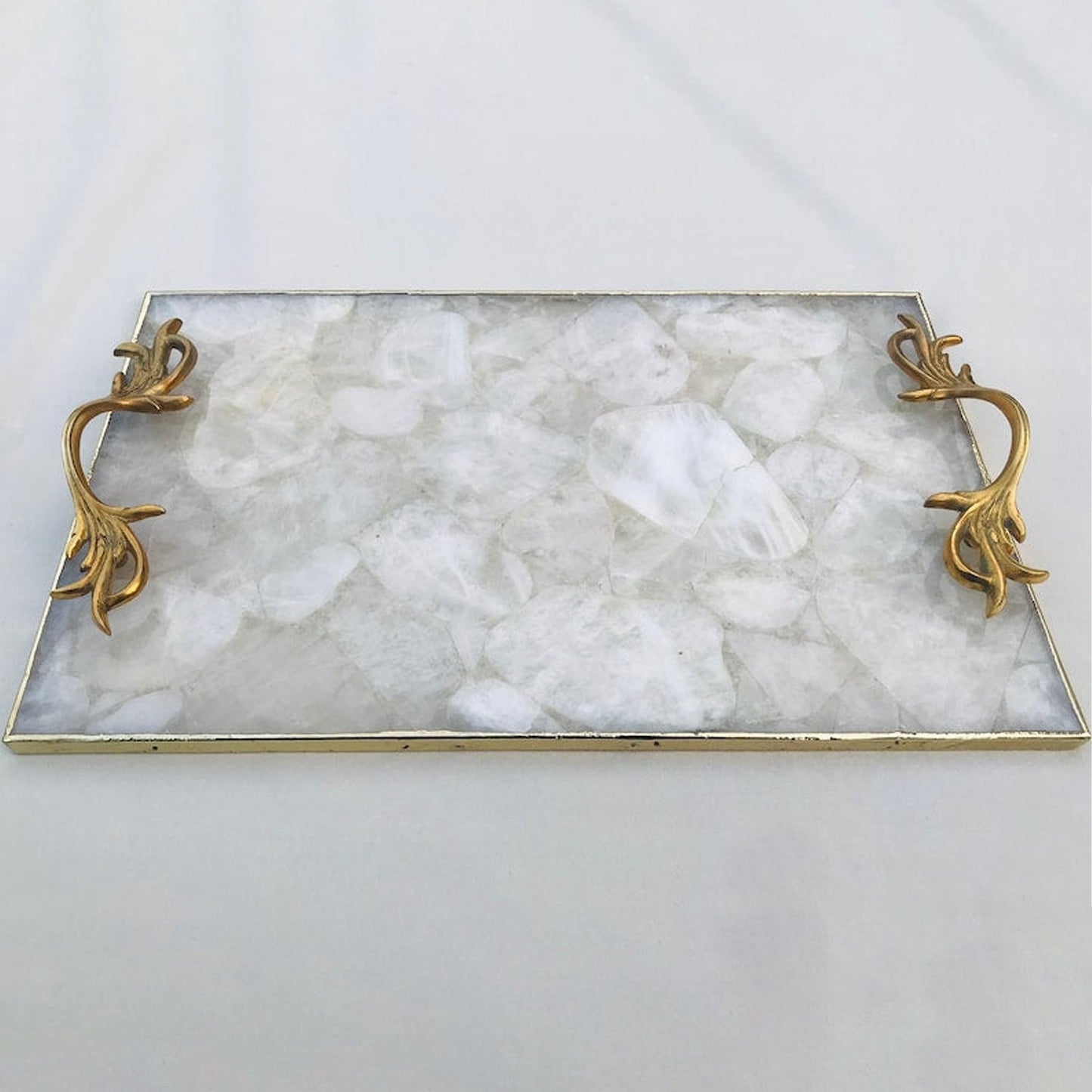 White Agate Serving Tray With Brass Handles