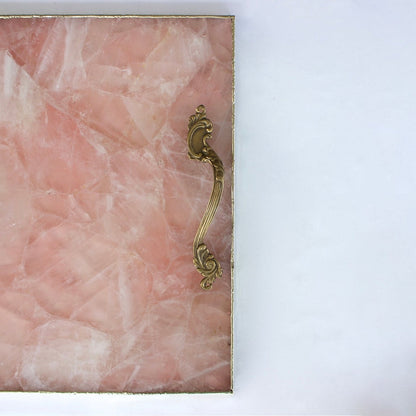 Rose Quartz Agate Serving Tray With Brass Handles | Square