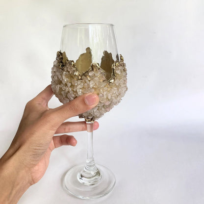 Set of 2 |Crystal Wine Glasses with Gold Plated Rose Quartz Agate/Quartz Semi-precious Crystals | 16 oz/465 ml