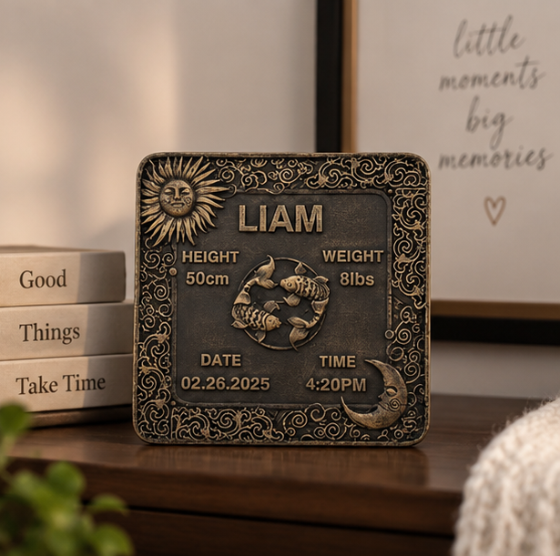Personalised Baby Birth Tile – Brass Name & Star Sign