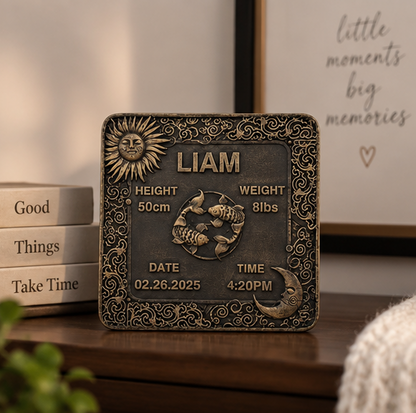 Personalised Baby Birth Tile – Brass Name & Star Sign