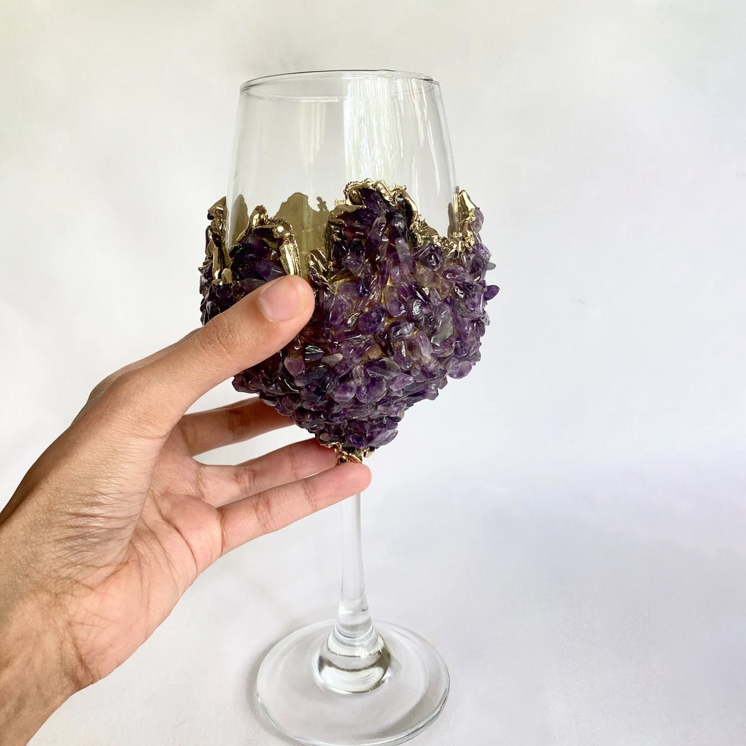 Amethyst Crystal Wine Glass – amethyst crystal chip inlay detail, handcrafted India