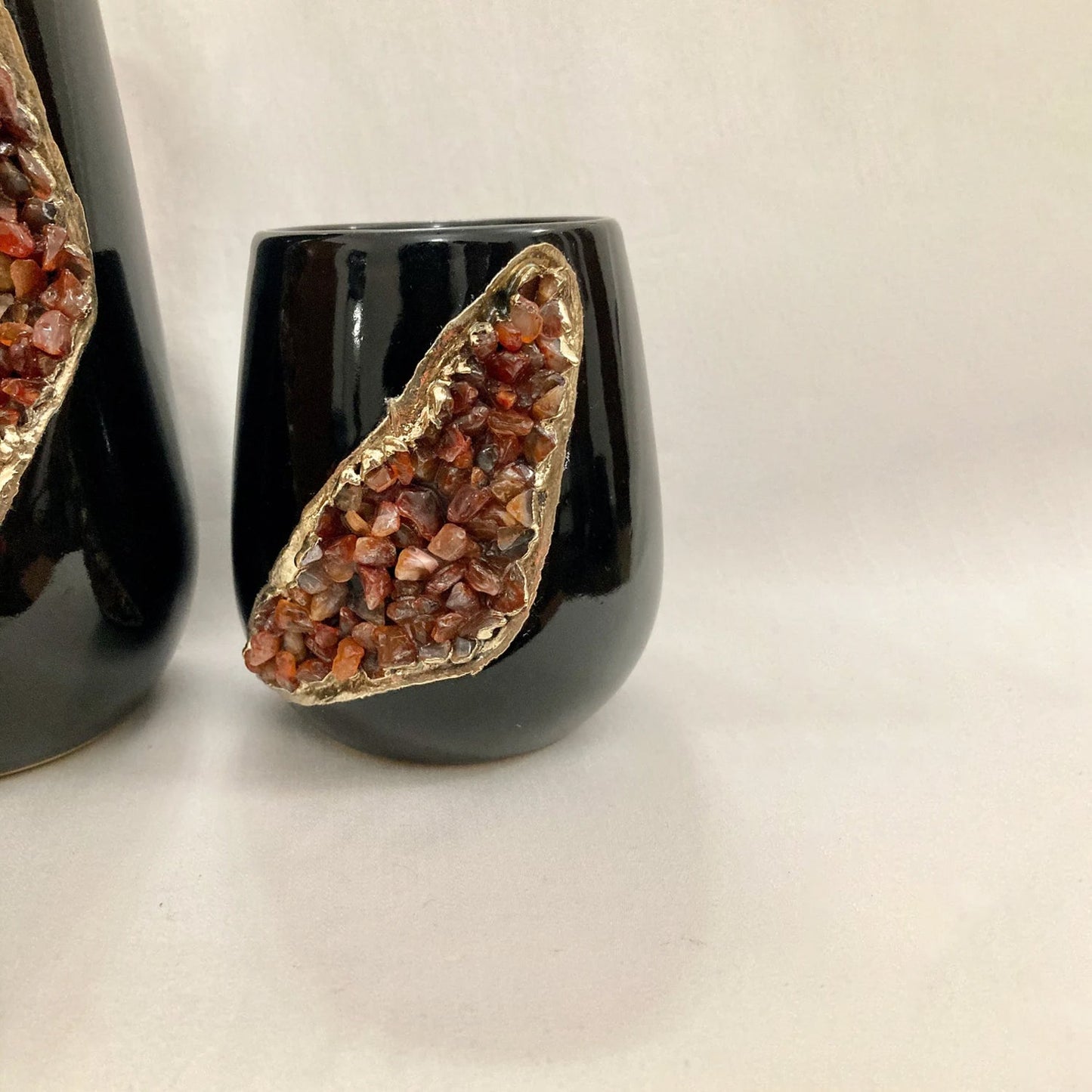 Black & Gold Ceramic Vase with Red Agate