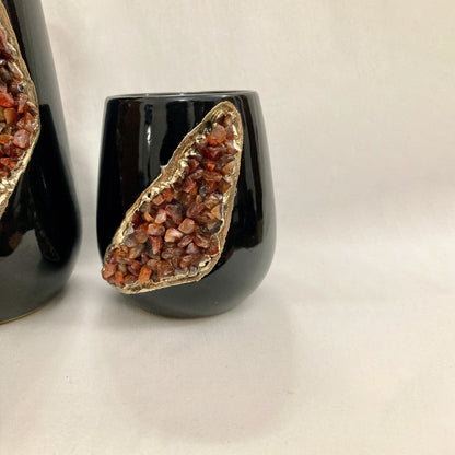 Black & Gold Ceramic Vase with Red Agate