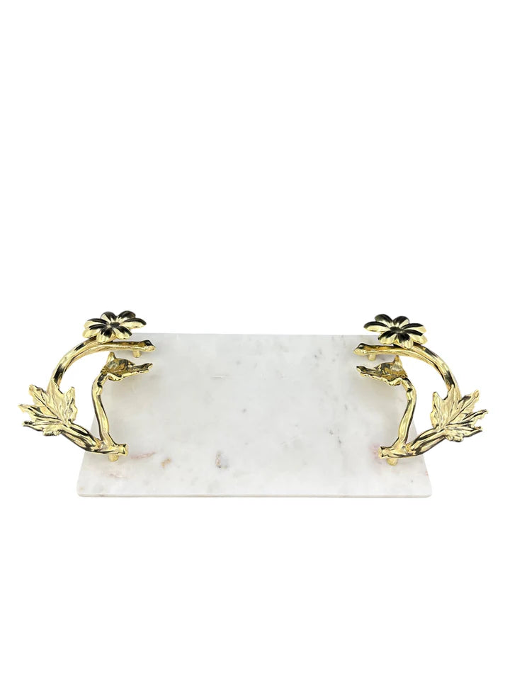 White Marble Tray with Gilded Floral Handles | Decorative Serveware | Decorative Tray