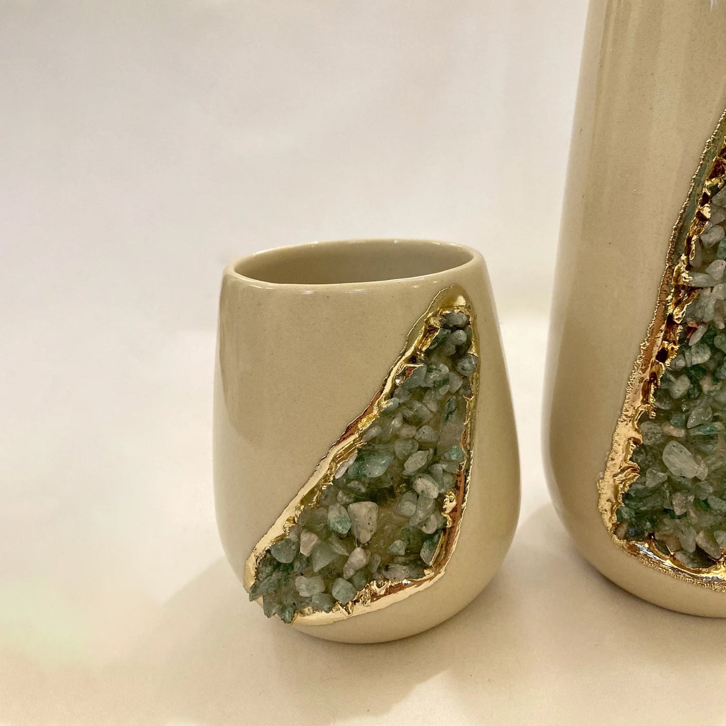 Cream and Gold Ceramic Vase/Planter/Pot/Wine Goblet/Mug with Light Green Semi-precious Agate Crystal Gemstones