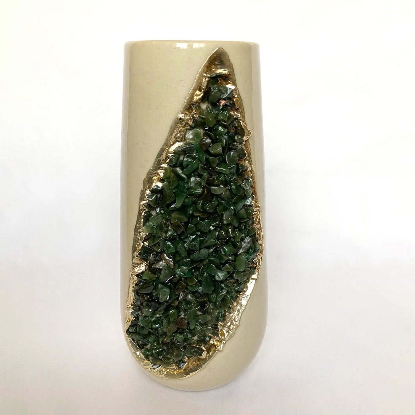 Cream and Gold Ceramic Vase/Planter/Pot/Wine Goblet/Mug with Green Semi-precious Agate Crystal Gemstones