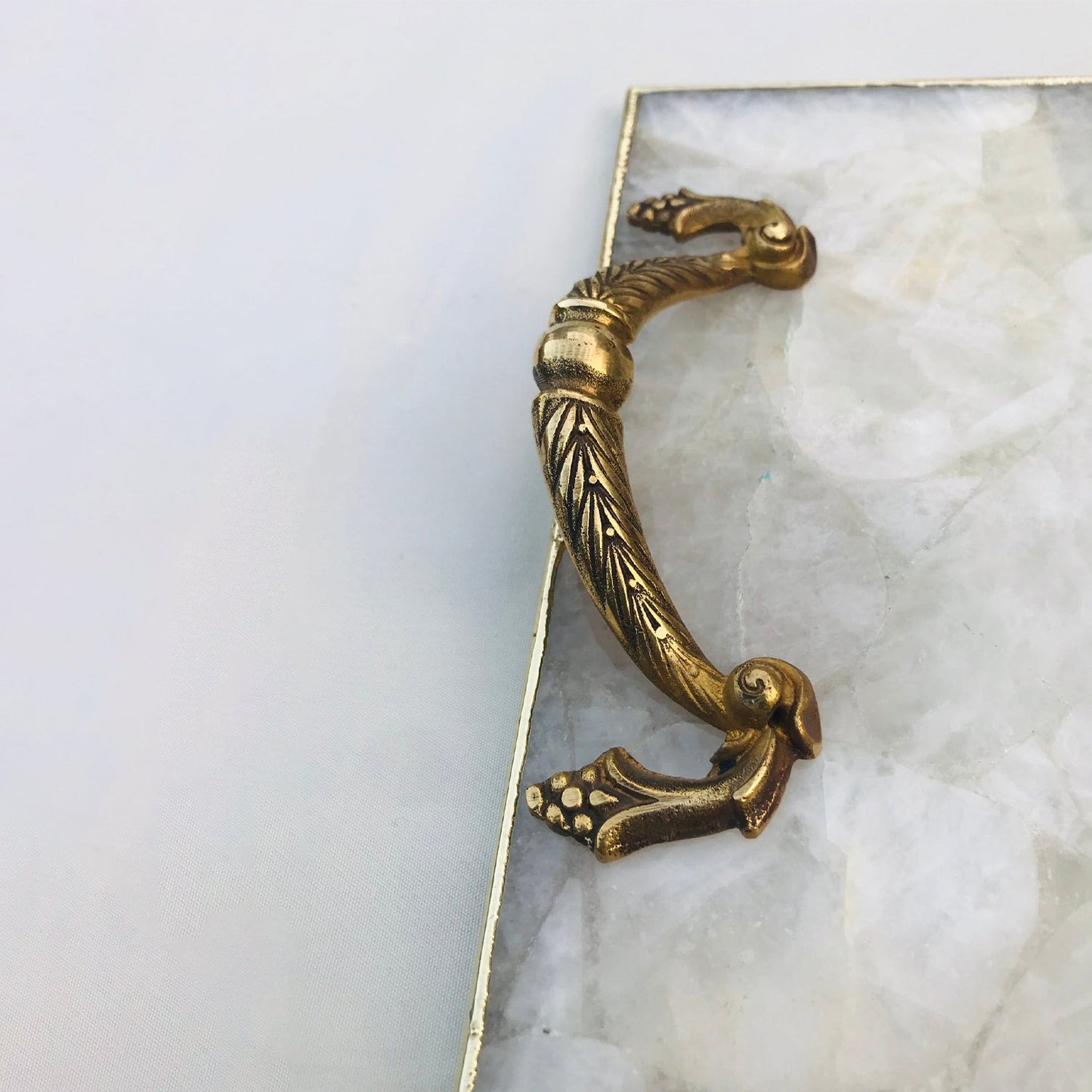 White Agate Serving Tray with Brass Handles