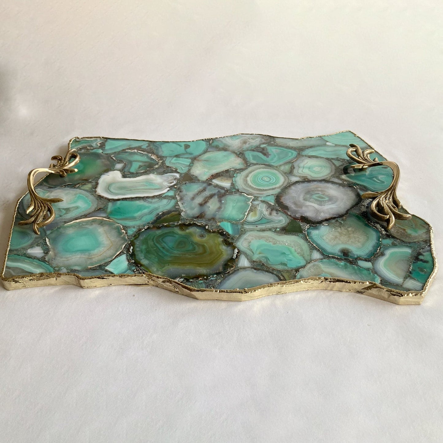 Large Green Agate Serving Tray with Brass Handles