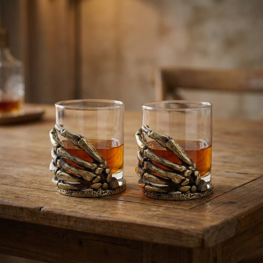 Set of 2 & Set of 4 – Skeleton Hand Whisky Glasses | Statement Barware & Halloween Drinkware | Gold, Silver or Antique Finish