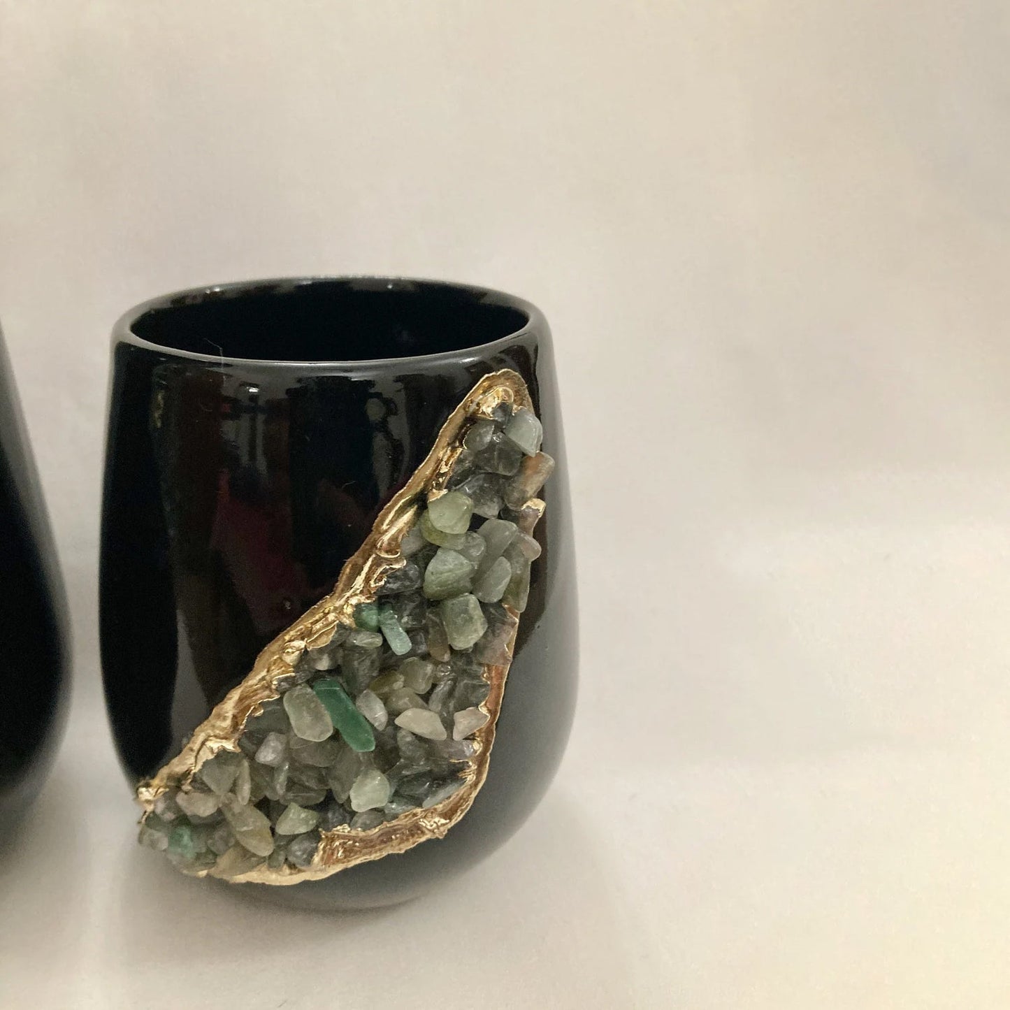 Black and Gold Ceramic Vase/Planter/Pot/Wine Goblet/Mug with Light Green Agate Semi-precious Agate Crystal Gemstones