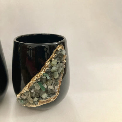 Black and Gold Ceramic Vase/Planter/Pot/Wine Goblet/Mug with Light Green Agate Semi-precious Agate Crystal Gemstones