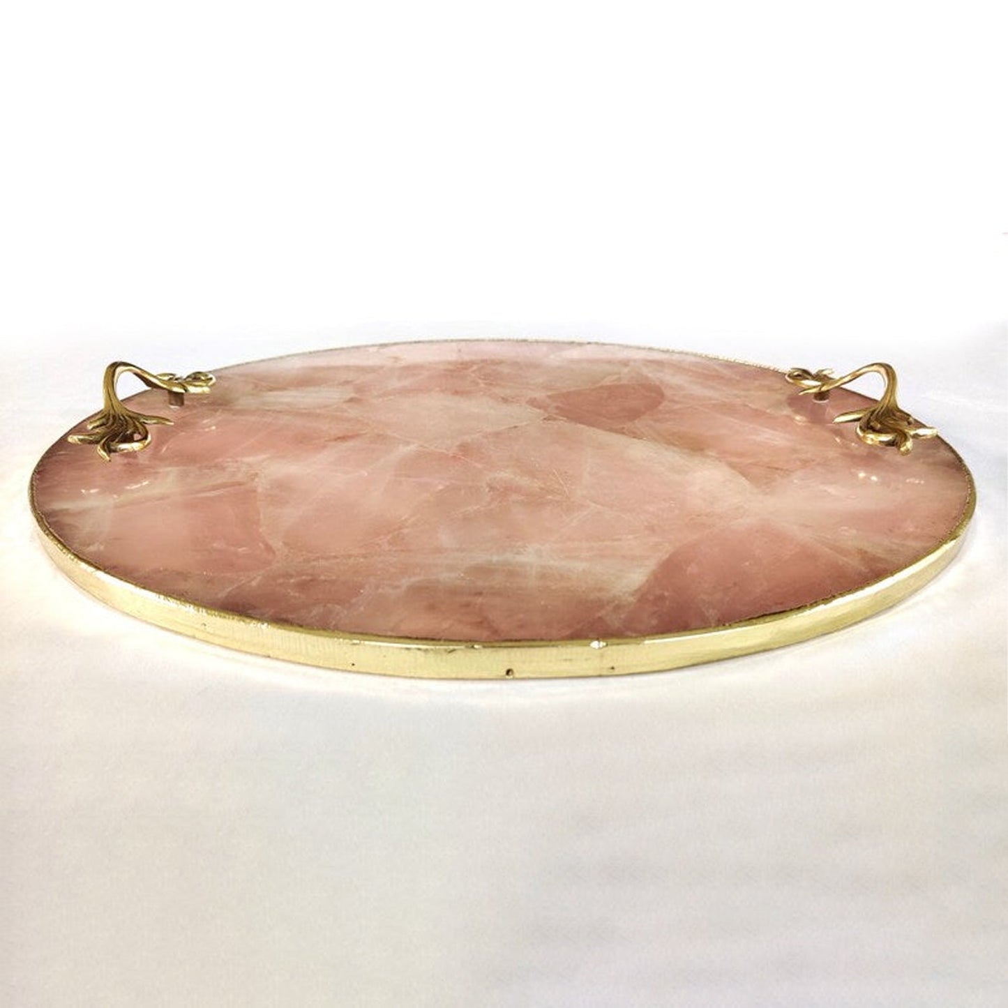 Rose Quartz Agate | Serving Tray With Brass Handles | Circular |