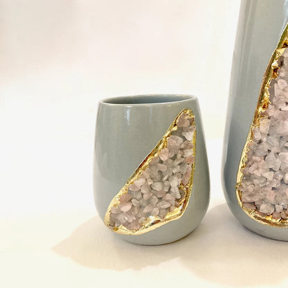 Grey and Gold Ceramic Vase/Planter/Pot/Wine Goblet/Mug with Rose Quartz Semi-precious Agate Crystal Gemstones