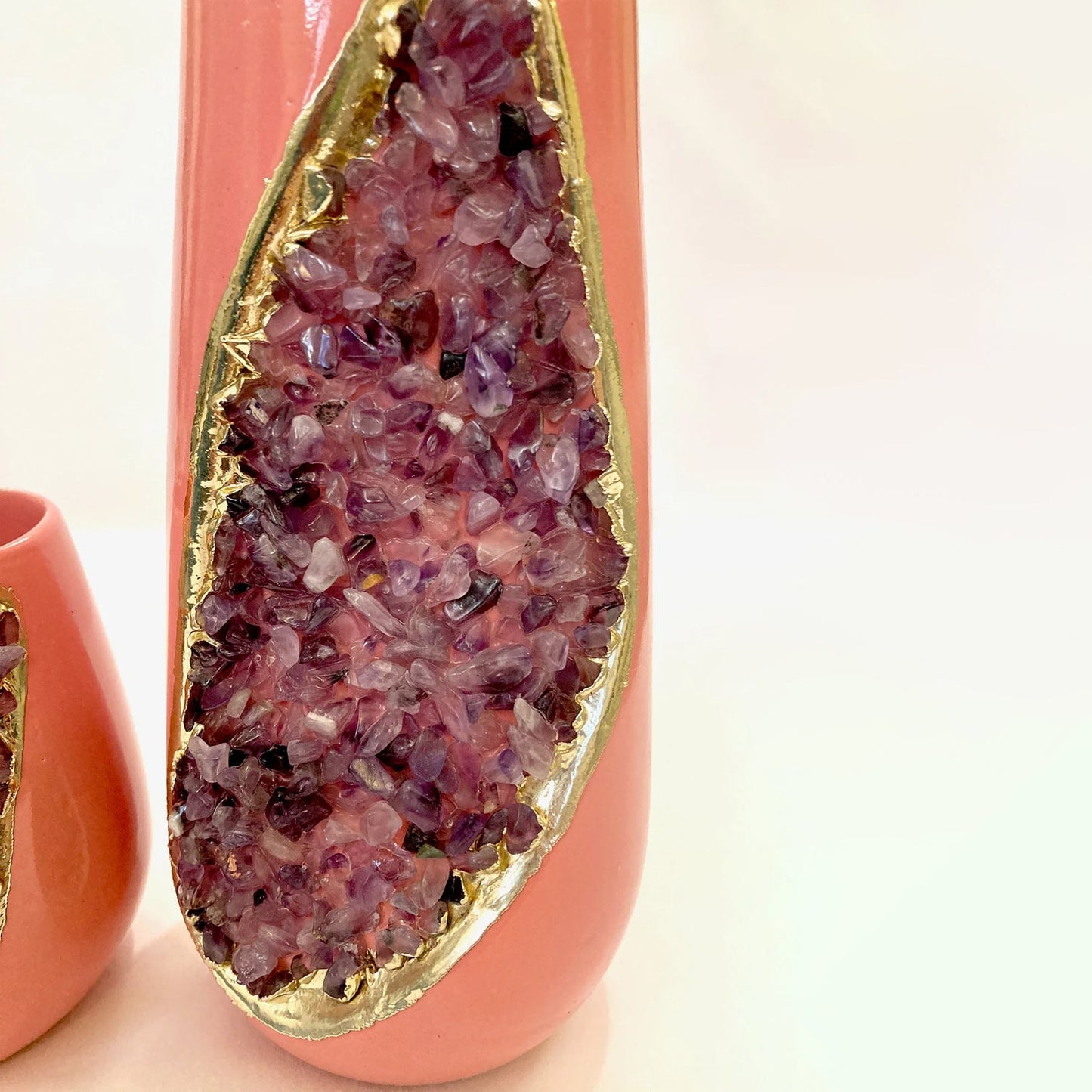 Pink and Gold Ceramic Vase/Planter/Pot/Wine Goblet/Mug with Purple Amethyst Semi-precious Agate Crystal Gemstones