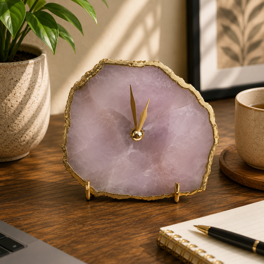 Rose quartz agate desk clock with metal edge, India | The Tangerine Store