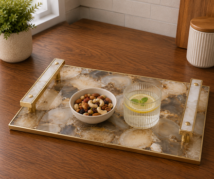 Brown Agate Serving Tray — Clear Quartz Handles