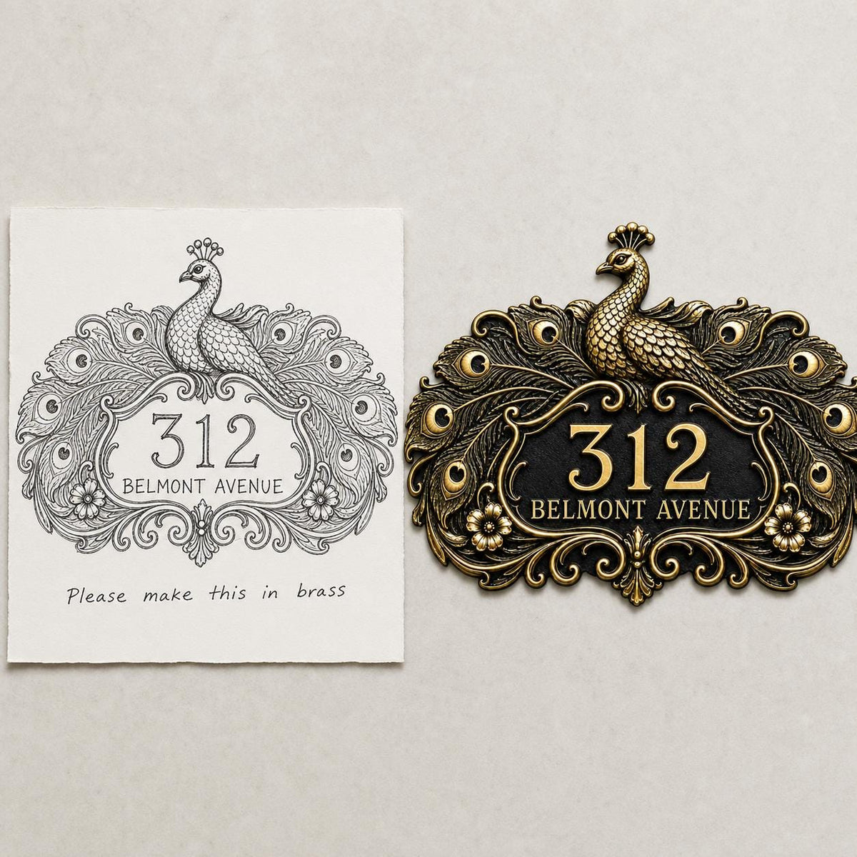 Peacock plaque in antique brass, design-reference composition with the pictured sketch or wording beside the finished plaque