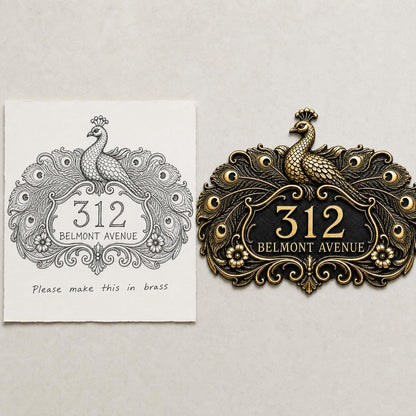 Peacock plaque in antique brass, design-reference composition with the pictured sketch or wording beside the finished plaque