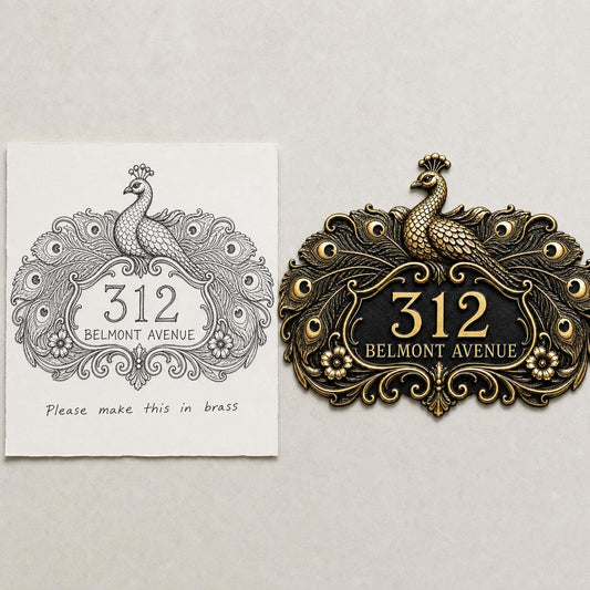 Peacock plaque in antique brass, design-reference composition with the pictured sketch or wording beside the finished plaque