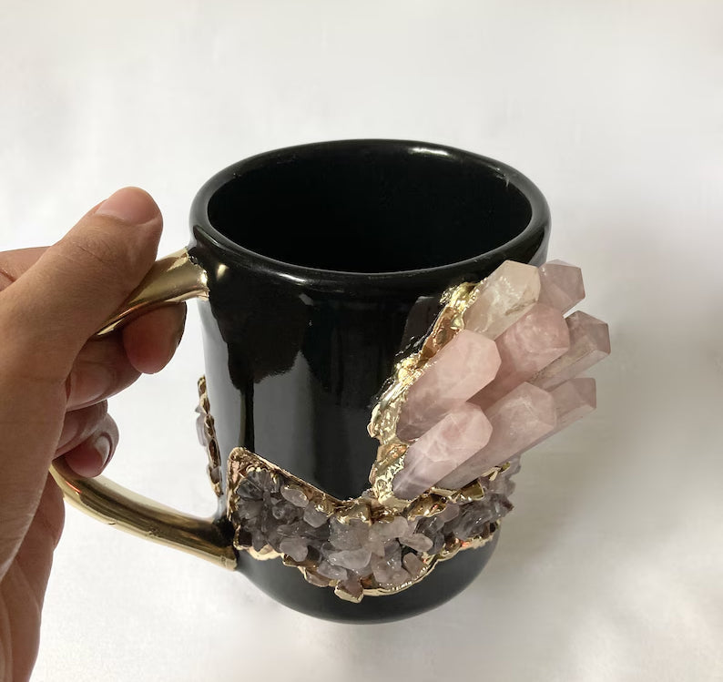 Set of 2 |Black and Gold Ceramic Big Coffee/Tea/Juice/Beverage Mug with Rose Quartz Semi-precious Agate Crystal | 12 oz/355 ml