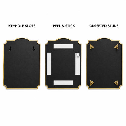 Mounting diagram for the Shared Driveway plaque comparing keyhole slots, peel-and-stick tape and studs