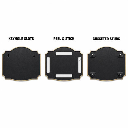 Mounting diagram for the Heron and Waterlilies plaque comparing keyhole slots, peel-and-stick tape and studs