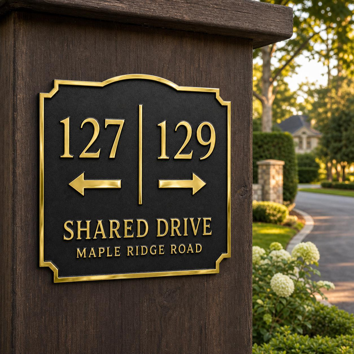 Shared Driveway plaque in antique brass, pictured on a wooden post