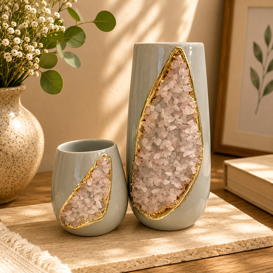Grey Ceramic Teardrop Vase Set with Crystal Inlay
